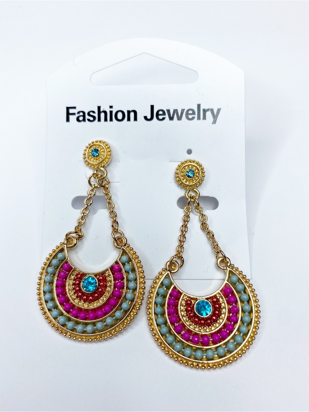 Boho Festival Statement Drop Earrings Gold Tone Pink Blue Beaded Medallion